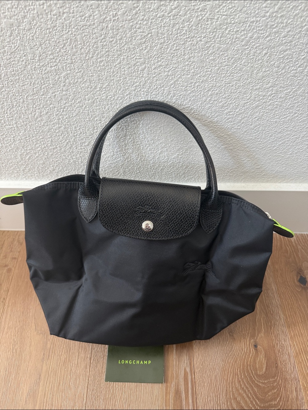 Longchamp Black Nylon Top-Handle Small Tote with Neon Green Accents